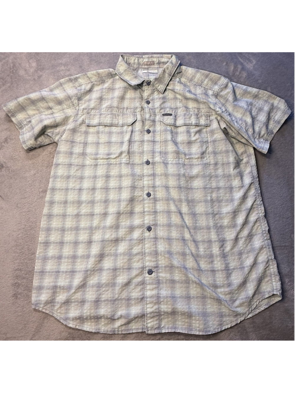 Columbia Mens Button Front Short Sz Green/Blue Plaid Vented Short Sleeve Large